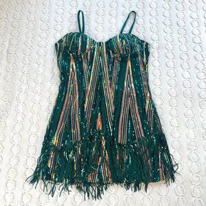 Women's Flapper Costume Sz Large Gatsby 1920s Gold & Green Halloween Fringe